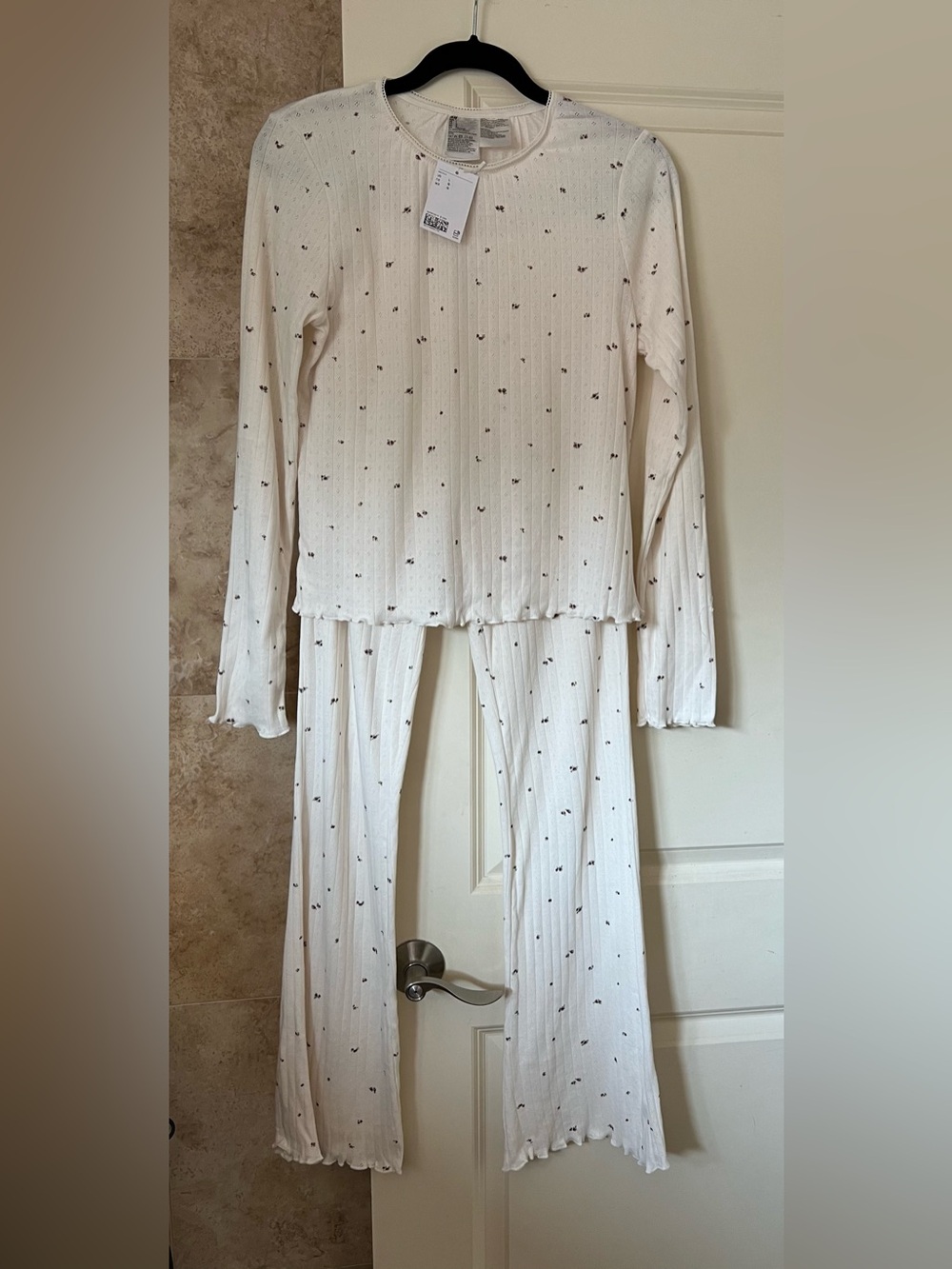 Women's Cream Ribbed Long-Sleeve Pajama Set with Micro Floral Print